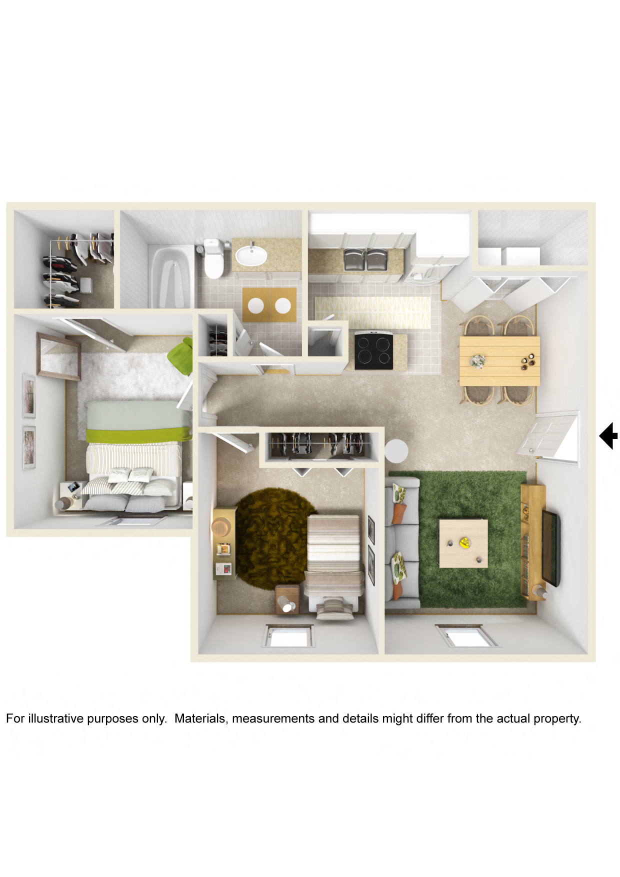 Floor plan for 2 beds, 1 bath, 727 sqft